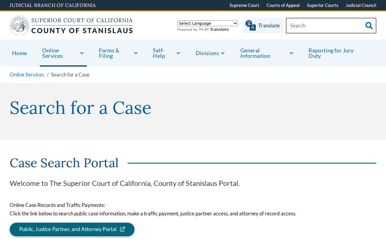 Stanislaus County people search court case landing page