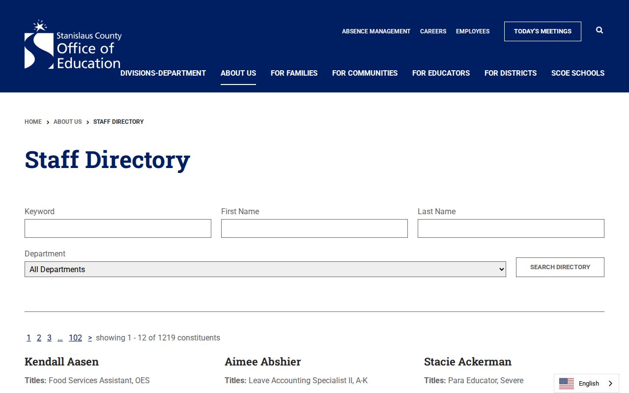 Stanislaus County people directories showing SCOE staff search fields