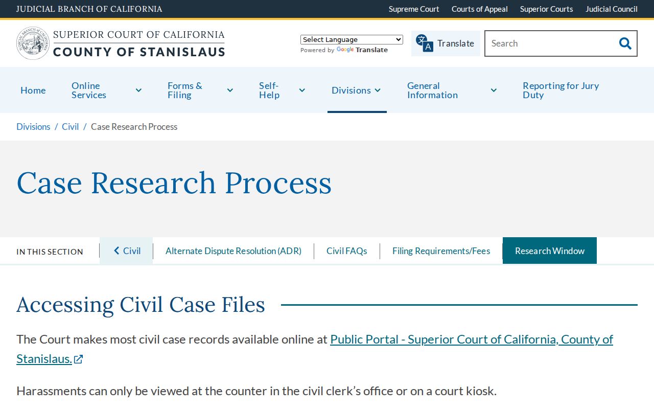 Stanislaus County public records civil case research and copy request page